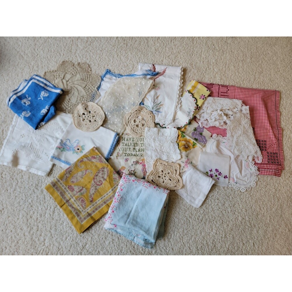 Vintage Lot Of 24 Linens Doilies Hankies Table Cloth Multicolored